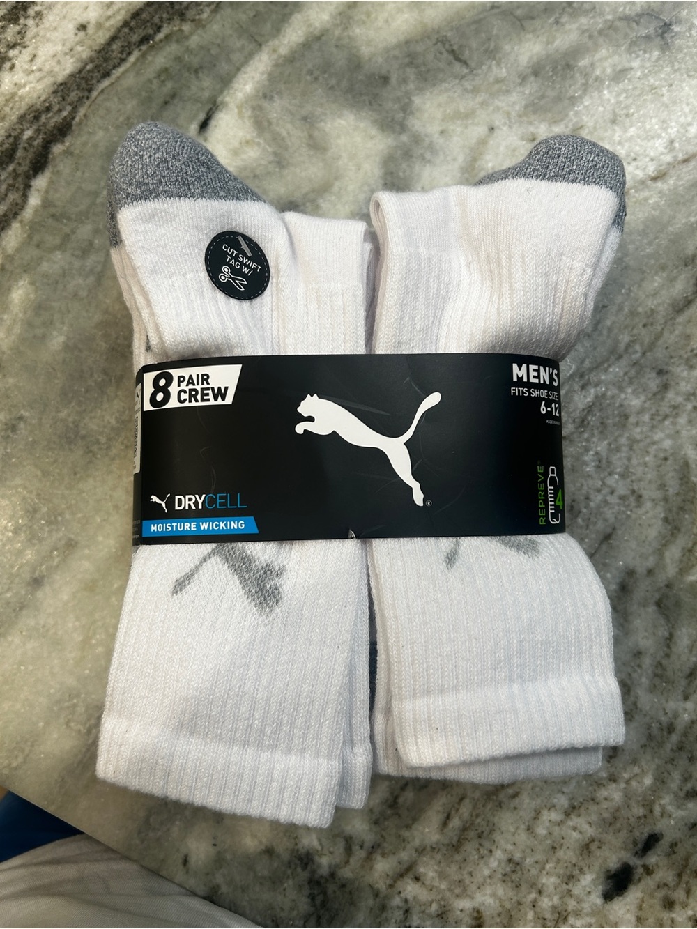 Puma Men’s White Crew Socks with Gray Accents - 8 Pack